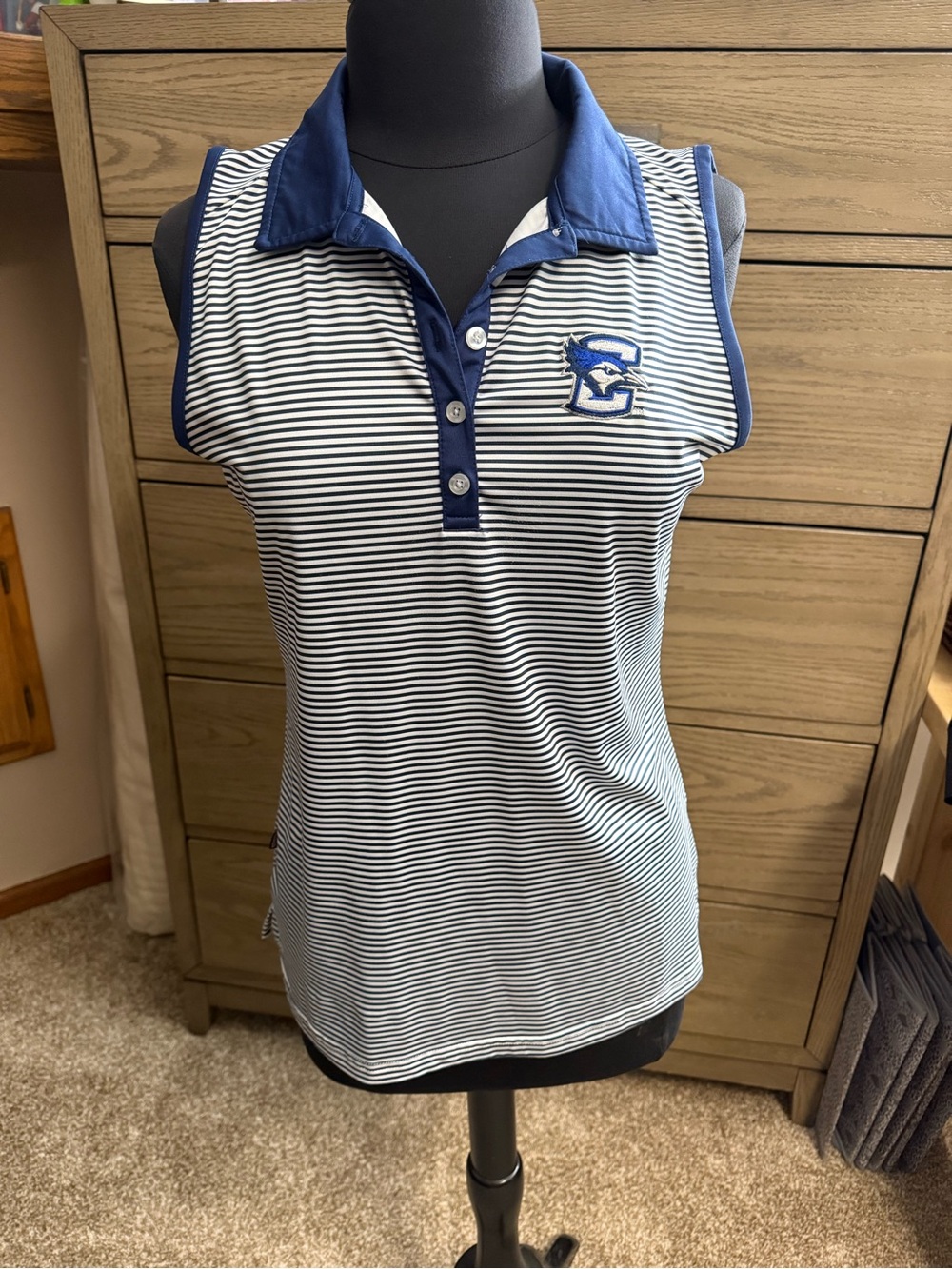 Creighton Striped Navy & White Sleeveless Polo Top with Embroidered Crest